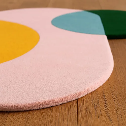 Vista 3 de Restoration and Renovation Alfombra de área de forma irregular con círculos geométricos – Alfombra moderna copetuda a mano 100% lana para sala