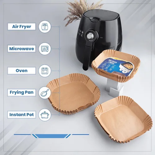 Vista 5 de Forros desechables para freidora de aire de 8 pulgadas, 100 forros de papel pergamino de forma cuadrada, resistentes al aceite y al agua, adecuados