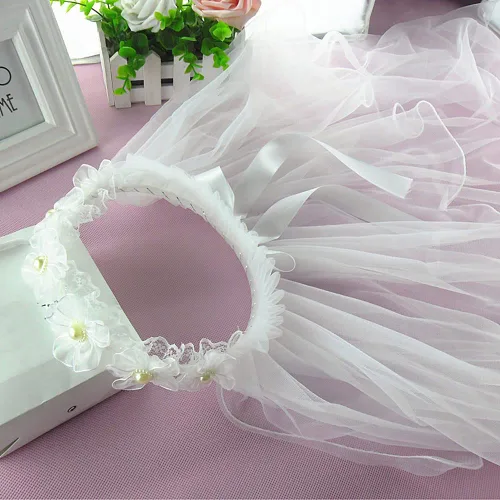 Vista 7 de Diadema de dos capas con velo de primera comunión para niñas, corona floral (perla y flor), Perla y flor