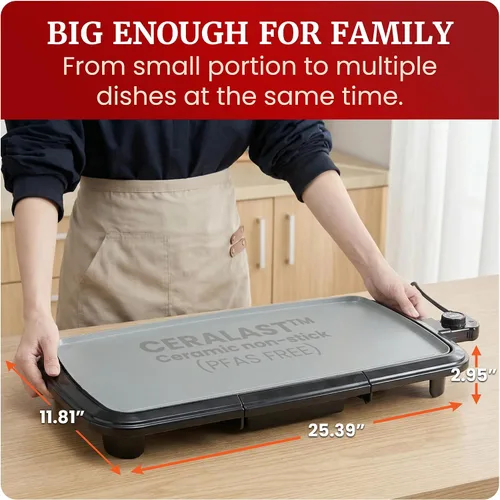 Vista 3 de Elite Gourmet Plancha eléctrica de 10 x 20 pulgadas, superficie antiadherente Ceralast™ de cerámica grande sin PFAS, asas de tacto frío, termostato