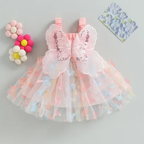 Vista 2 de Vestido de mameluco para bebé niña, sin mangas, espalda de mariposa, 3D, capas de mariposa, vestido formal de princesa para fiesta