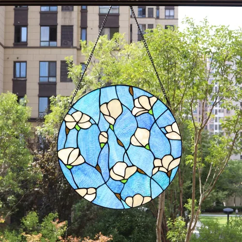 Vista 5 de Bieye W10063 Magnolia Flower Tiffany Style - Panel de ventana con cadena, forma redonda, 16 pulgadas de ancho