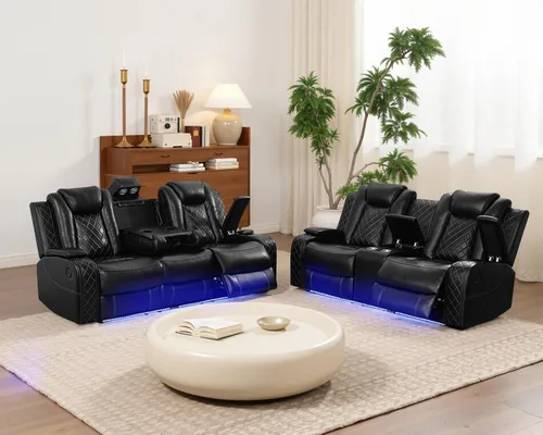 Vista 18 de Juego de sofá reclinable eléctrico con LED, juego de sofá de cuero transpirable para sala de estar, juego de sofá reclinable con puerto USB, Negro
