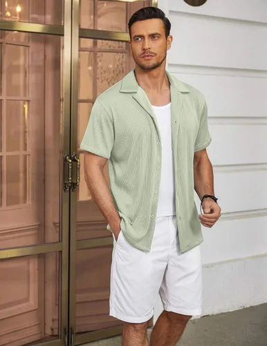 Vista 2 de COOFANDY Camisas casuales con botones para hombre, de manga corta, ajuste regular, a la moda, para campamento y playa