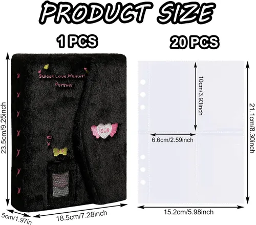 Vista 4 de Carpeta A5 Kpop - Álbum de fotos de felpa con 20 fundas interiores de 3 pulgadas para álbum de fotos en hojas sueltas, rellenable, 6 anillos, Negro
