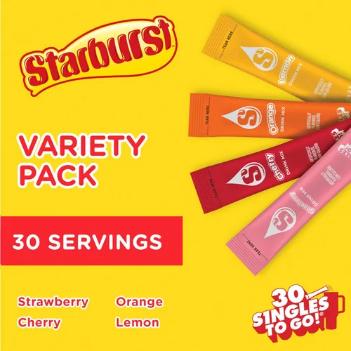 Vista 3 de Starburst Singles to Go - Mezcla de bebida en polvo Watertok, incluye 4 sabores, fresa, cereza, naranja y limón, 1 caja (30 porciones), paquete de 6