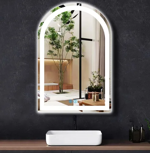 Vista 10 de Espejo de arco LED de 30 x 20 pulgadas con luces antiniebla de 3 colores ajustables con brillo frontal de 30 pulgadas para baño, montaje en pared