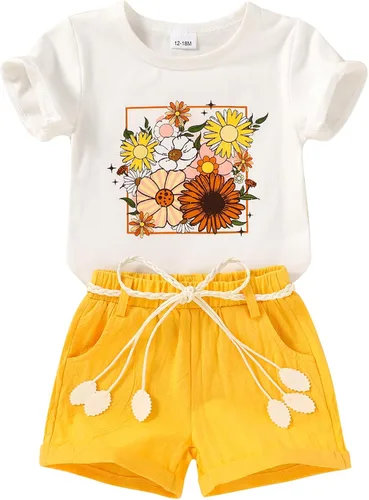 Vista 22 de YOUNGER TREE - Conjunto de ropa para bebés y niñas, camiseta de sandía y pantalones cortos de lino con cinturón, conjunto de verano lindo Abeja feliz