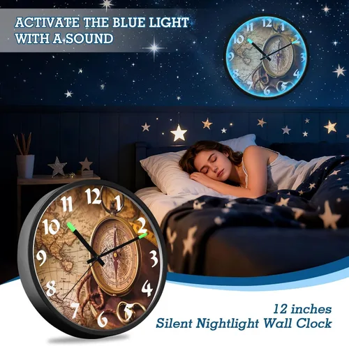 Vista 6 de STAYTOP Retro Compass LED Wall Clock for Bedroom Night Glow,12 Inch Silent Light Up Wall Clocks for Living Room Decor, Sound Control Modern Wall
