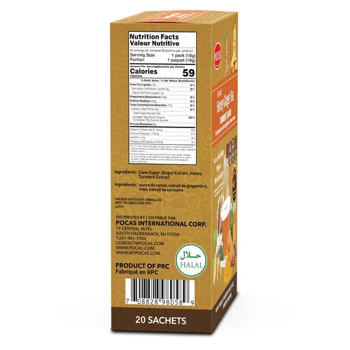 Vista 2 de Pocas Honey Ginger - Té instantáneo en polvo, sabor a cúrcuma, paquete de 2, extracto de jengibre y miel real, té sin cafeína, 20 paquetes por caja