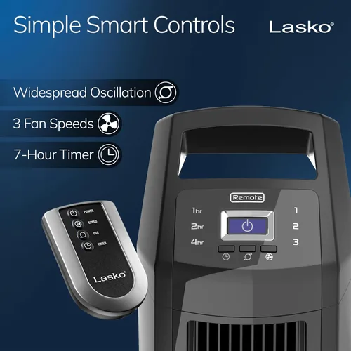 Vista 6 de Lasko Ventilador de torre oscilante de alta velocidad, 3 velocidades potentes, temporizador, rejillas direccionales ajustables, control remoto