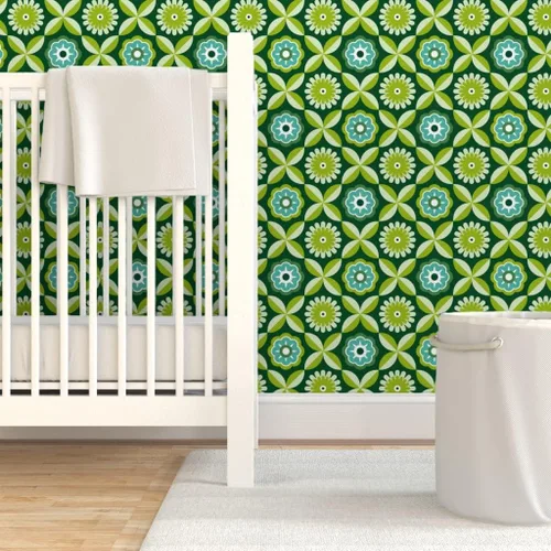 Vista 6 de Papel tapiz para despegar y pegar, diseño retro verde con diseño de flores vintage botánicas de los años 70 y 1960 Spoonflower