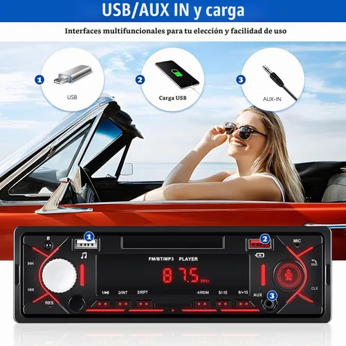 Vista 3 de Radio estéreo multimedia Bluetooth de un solo DIN, reproductor de MP3 de audio para automóvil, compatible con llamadas manos libres/USB/FM/TF/AUX