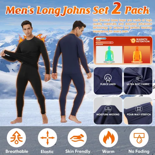 Vista 3 de CL convallaria 2 Pack Thermal Underwear for Men - Warm Fleece Lined Long Johns - Winter Gear Base Layer Tops & Bottoms Set
