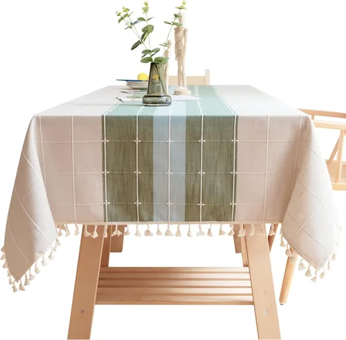 Vista 10 de Mantel rústico bordado con borla, lino de algodón sin arrugas, antidecoloración, lavable, a prueba de polvo, para comedor, cocina, fiesta, Azul