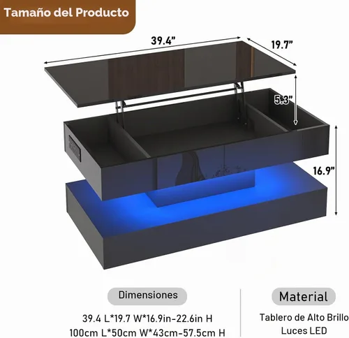 Vista 2 de 39.4" Mesa de café grande con tapa elevable, modernas mesas de café LED de alto brillo para sala de estar con almacenamiento, mesas de salón negras
