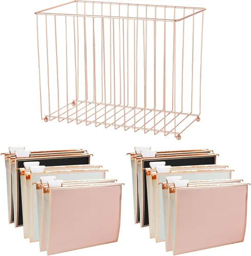 Vista 9 de Y YOMA Organizador de archivos colgante, tamaño carta, color oro rosa, caja de archivos, cesta de almacenamiento para oficina en casa, 1 paquete