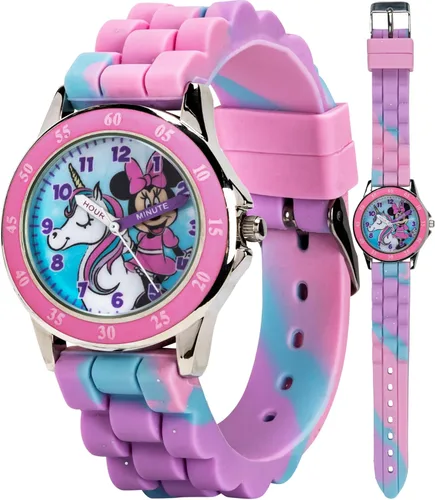 Vista 10 de Reloj Minnie Mouse Time Teacher para niñas - Reloj analógico de aprendizaje de la hora con números fáciles de leer y cómoda banda de silicona Rosa