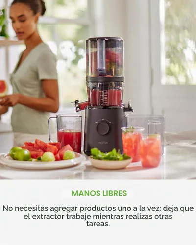 Vista 2 de NAMA J2 Extractor de jugo de prensado en frío – Autoalimentación para operación sin manos con tolva de boca ancha para carga de receta completa Negro
