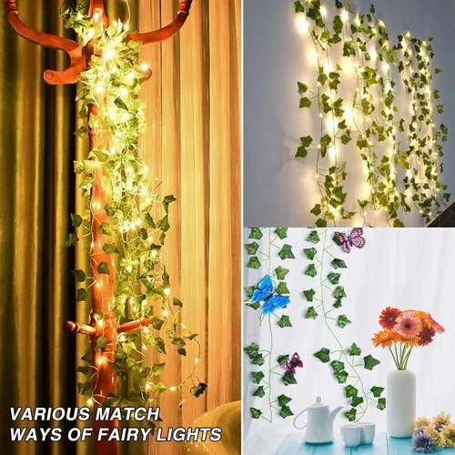 Vista 7 de Fielegen Ivy Vine de 6.56 pies con 20 luces LED de hadas, paquete de 2 2 pack ivy garland with lights, no assembly needed. 2AA battery powered.