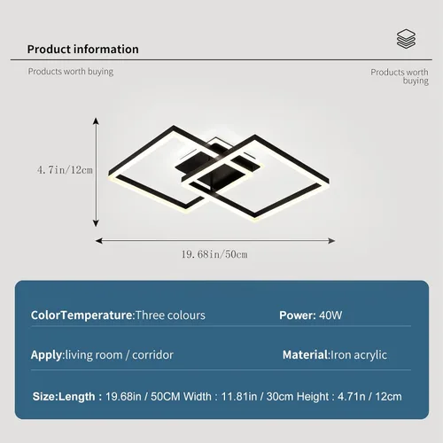 Vista 5 de Lámpara de techo LED moderna, regulable de 2 cuadrados con control remoto, lámpara de techo de metal acrílico empotrada para sala de estar
