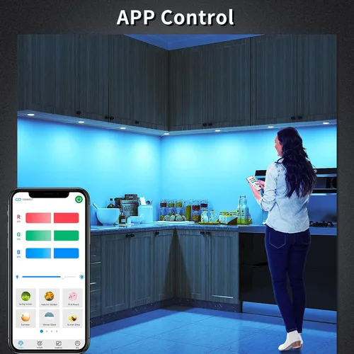 Vista 3 de BASON LIGHTING RGB Puck Lights Pulg in para vitrina, Bluetooth Luces de estante alimentadas por adaptador, iluminación con cable debajo