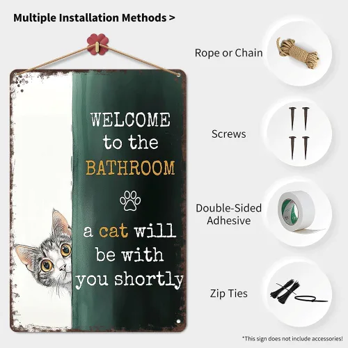 Vista 3 de Letrero de gato con texto en inglés "A Cat Will Be With You Shortly" - Placa de metal retro para decoración de baño, 8 x 12 pulgadas Bienvenido al