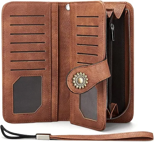 Vista 4 de BROMEN Billeteras de cuero para mujer, cartera grande de mano para teléfono, 1- marrón , Casual