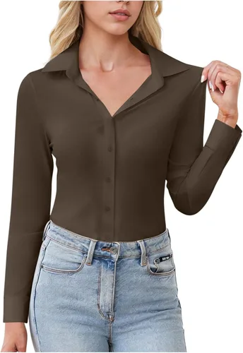 Vista 8 de Womens Stretch Button Down Shirts Slim Fit Long Sleeve Dress Shirt Wrinkle Free Collared Business Work Casual Blouse