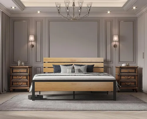 Vista 9 de BONSOIR Base de cama tamaño Queen con plataforma de acero estable con cabecero de madera/estribo, no necesita somier, fácil montaje, sin chirridos