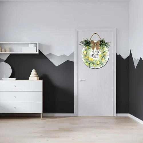 Vista 3 de Letrero de corona de limón para puerta delantera, coronas divertidas, decoración de placa de madera para colgar, decoración redonda de madera