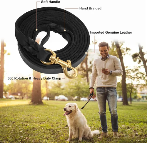 Vista 2 de Guiding Star Juego de correa y collar de cuero para perro de 5 pies, cuero trenzado suave con collar ajustable, combo resistente para perros Negro