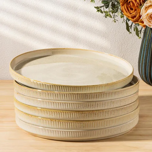Vista 10 de theterra Juego de 6 platos llanos de cerámica de 10.25 pulgadas, vajilla de cerámica para cocina, horno y microondas y lavavajillas, color beige