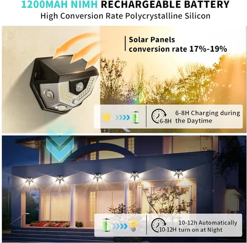 Vista 4 de Upgraded 2-in-1 Solar Outdoor Lights with Motion Sensor, Solar Wall Light & Security Lighting, PIR Motion Detection, IP64 Waterproof, Auto On/Off