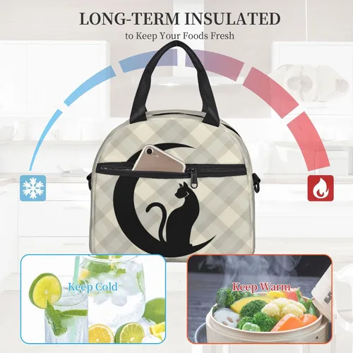 Vista 5 de Bolsa de almuerzo con diseño de gato negro a cuadros, reutilizable, aislada, bolsa de almuerzo con correa de hombro ajustable para oficina, trabajo