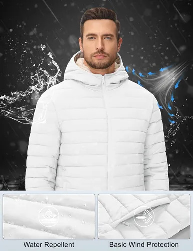 Vista 25 de MAGCOMSEN Chaqueta acolchada para hombre con capucha, forro de vellón, chaqueta térmica resistente al agua, chaqueta de plumón con cremallera