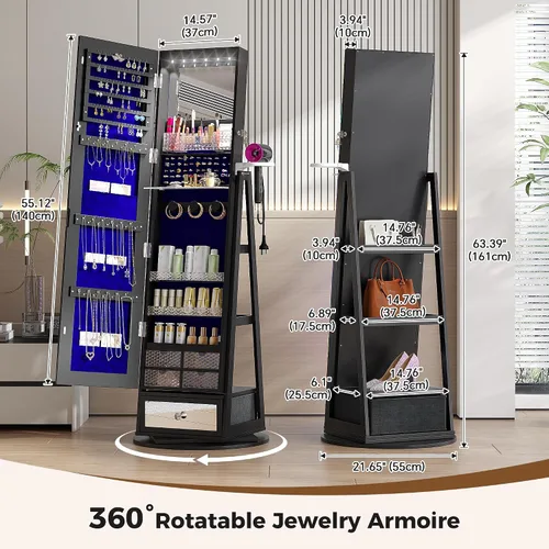 Vista 2 de HWB Armario de almacenamiento de joyas con espejo LED de cuerpo entero, organizadores de joyas giratorios de 360° de pie con estantes y Negro