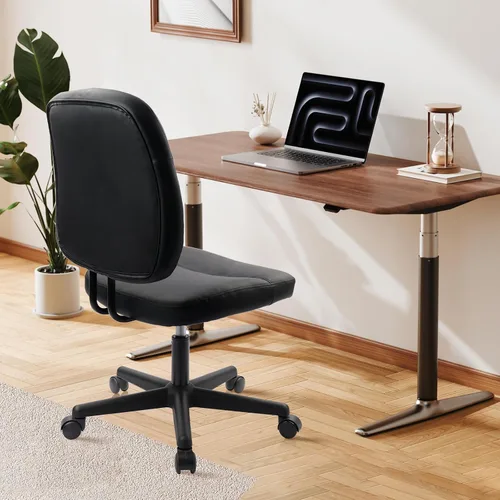 Vista 9 de CLATINA Silla de oficina en casa sin brazos, pequeña silla ergonómica de piel sintética con respaldo bajo con soporte lumbar y ruedas, altura