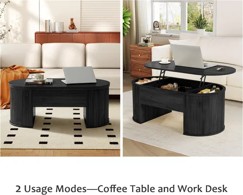 Vista 3 de ORRD Mesa de centro elevable, mesa de centro acanalada con parte superior elevable, mesa de comedor de madera con compartimento oculto, mesa central