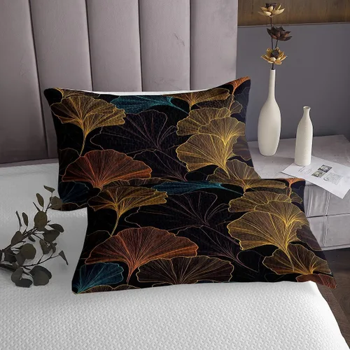 Vista 4 de Erosebridal Colcha de hojas de ginkgo azul y marrón con hojas de ginkgo biloba acolchada para niños y niños, juego de colcha botánica individual
