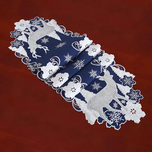Vista 2 de Camino de mesa bordado azul marino para Navidad y reno (13 x 69 pulgadas)