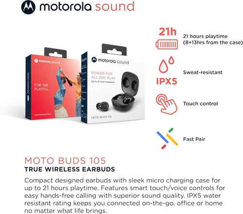 Vista 2 de Motorola Moto Buds 105 - Auriculares inalámbricos Bluetooth con cancelación de ruido ambiental con control táctil y funda de micro carga, IPX5