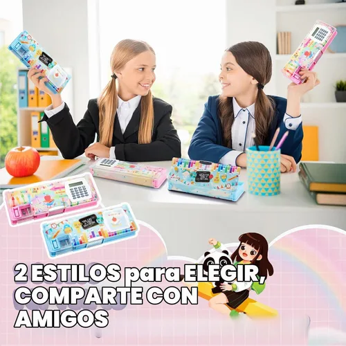 Vista 6 de Henoyso Estuche multifuncional de 2 piezas con calculadora para niñas, bonita caja de lápices de plástico con sacapuntas, bolsa para bolígrafos