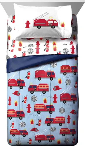 Vista 2 de Trend Collector - Juego de edredón individual de camión de bomberos de 5 piezas, ropa de cama para niños