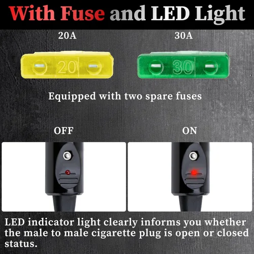 Vista 5 de Enchufe de encendedor de cigarrillos resistente de 12 AWG, cable adaptador de enchufe macho de encendedor de cigarrillos de 10 pies con luces LED