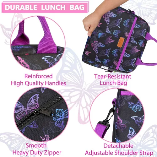 Vista 4 de VX VONXURY - Lonchera para mujeres y niñas, bolsa de almuerzo aislada, bonita bolsa de almuerzo con mariposa morada, contenedor de alimentos