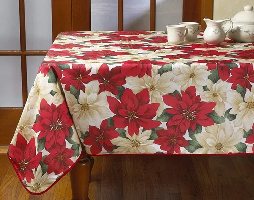 Vista 9 de Violet Linen Mantel con estampado floral de flor de pascua europea, color beige, 60 pulgadas, redondo