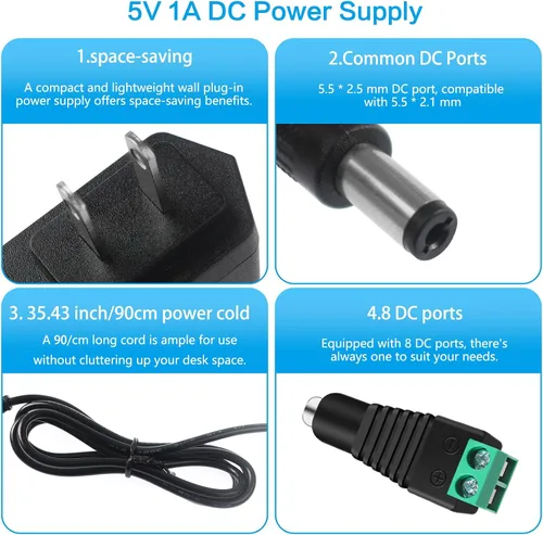 Vista 4 de 5V 1A Cable de alimentación con 8pcs DC Connector Universal 5W Power Adapter Wall Charger Plug, AC 100-240V to DC 5V 1A 800mA 500mA, 5.5 * 2.5mm
