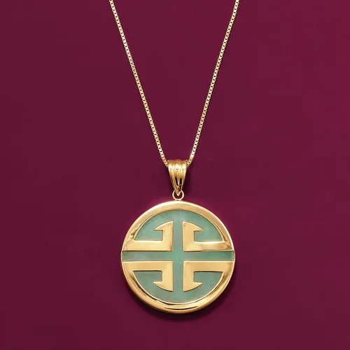 Vista 4 de Ross-Simons Colgante circular de jade "Longevity" en oro amarillo de 14 quilates, Oro amarillo, Jade