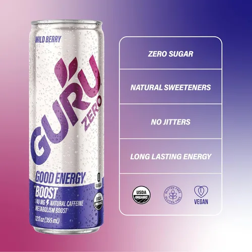 Vista 3 de Guru Bebida energética orgánica Zero Wild Berry, 12 Fz
